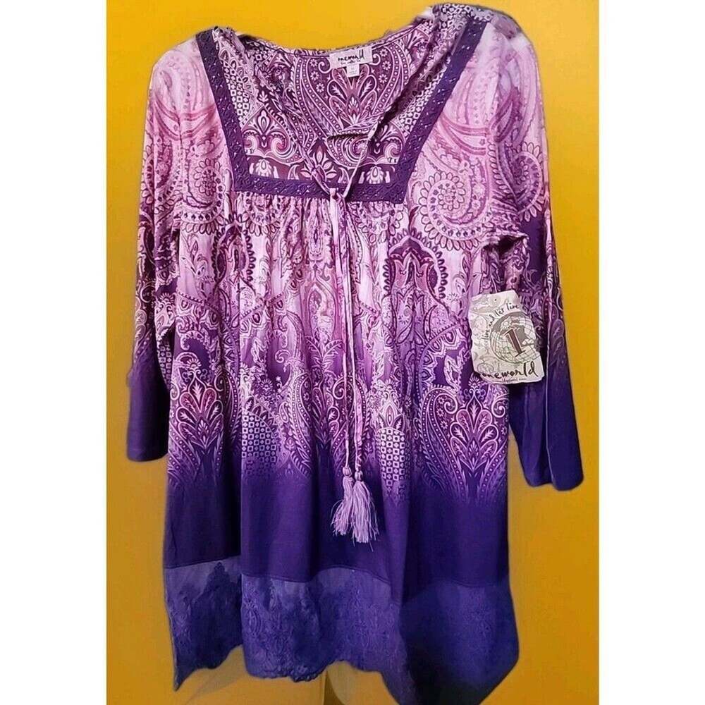 One World Womens Medium Blue Paisley Printed Tshirt Tunic Top NWT B7 Excellent